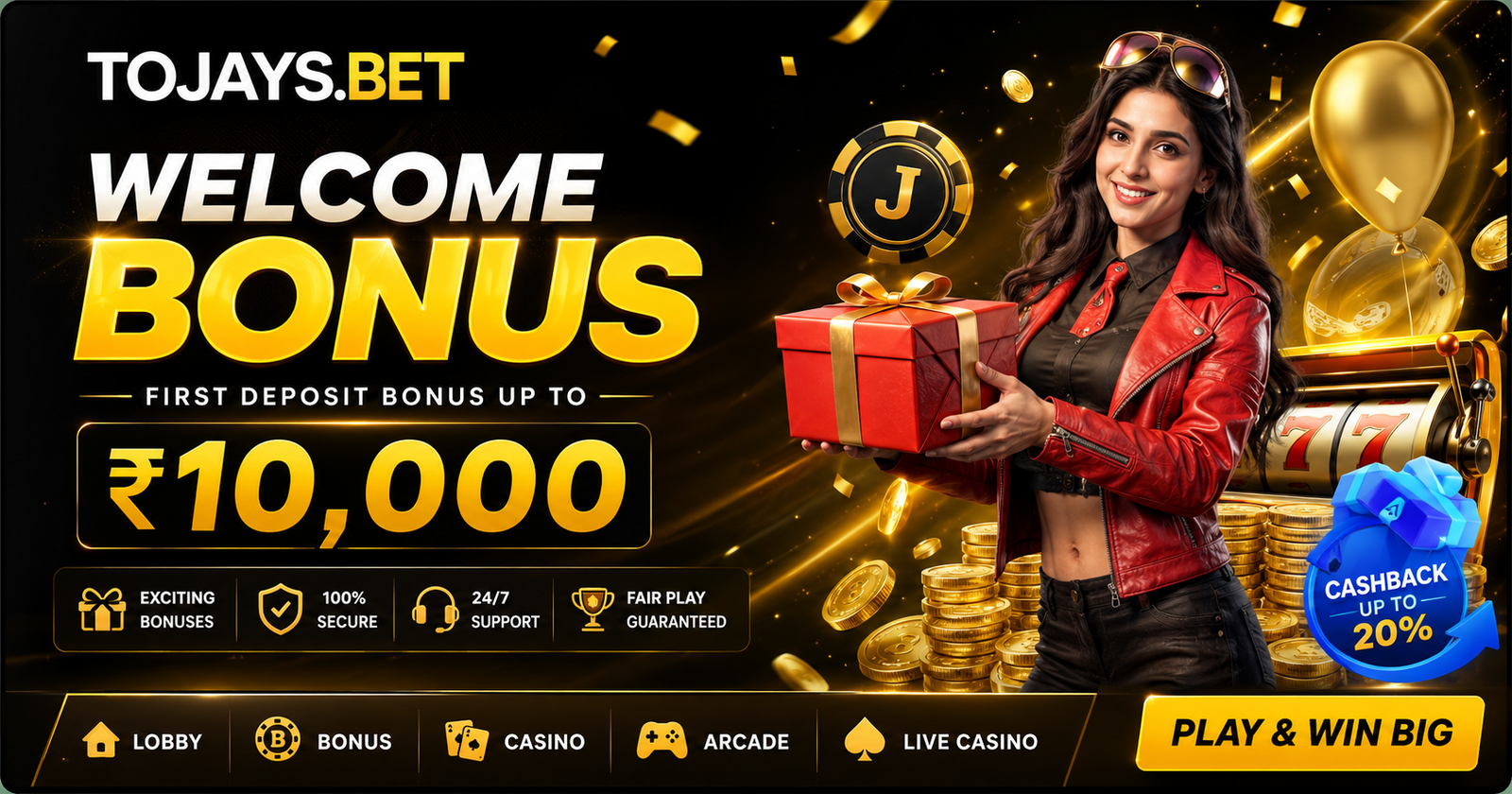 2J Game welcome bonus banner — first deposit bonus up to Rs 10,000 with 20% cashback, secure play and 24/7 support