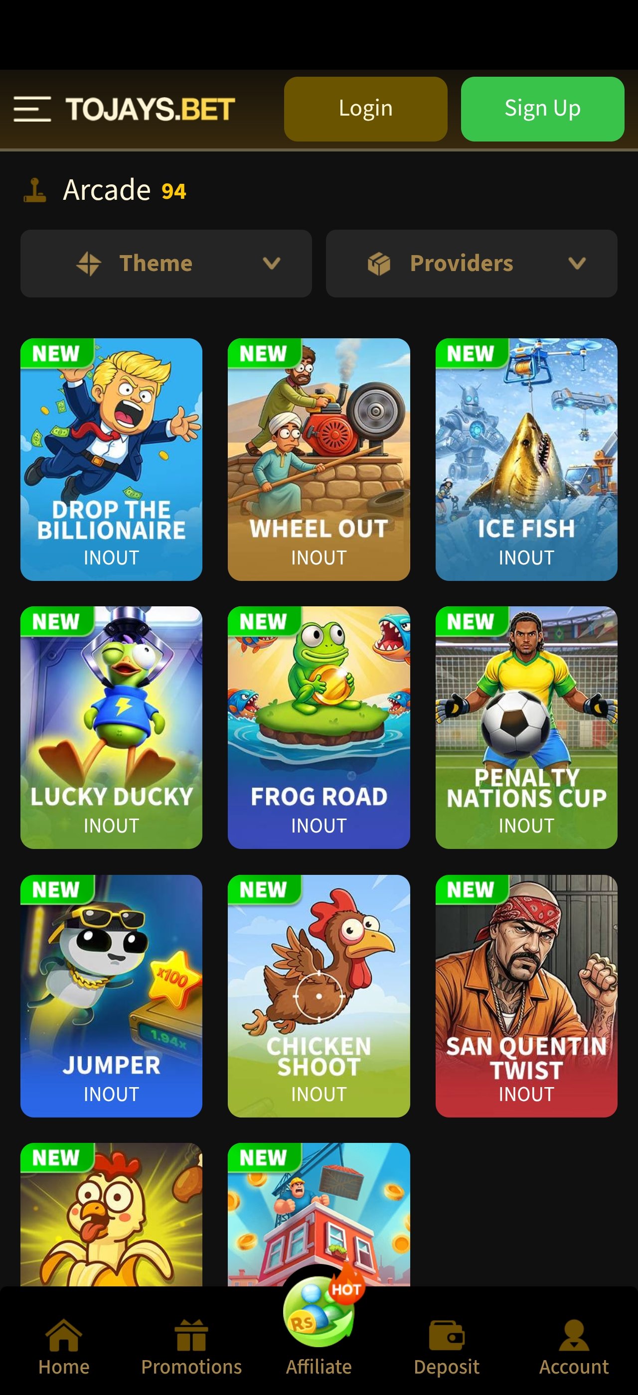 Arcade section showing 94 titles with theme and provider filters — 2J Game app screenshot
